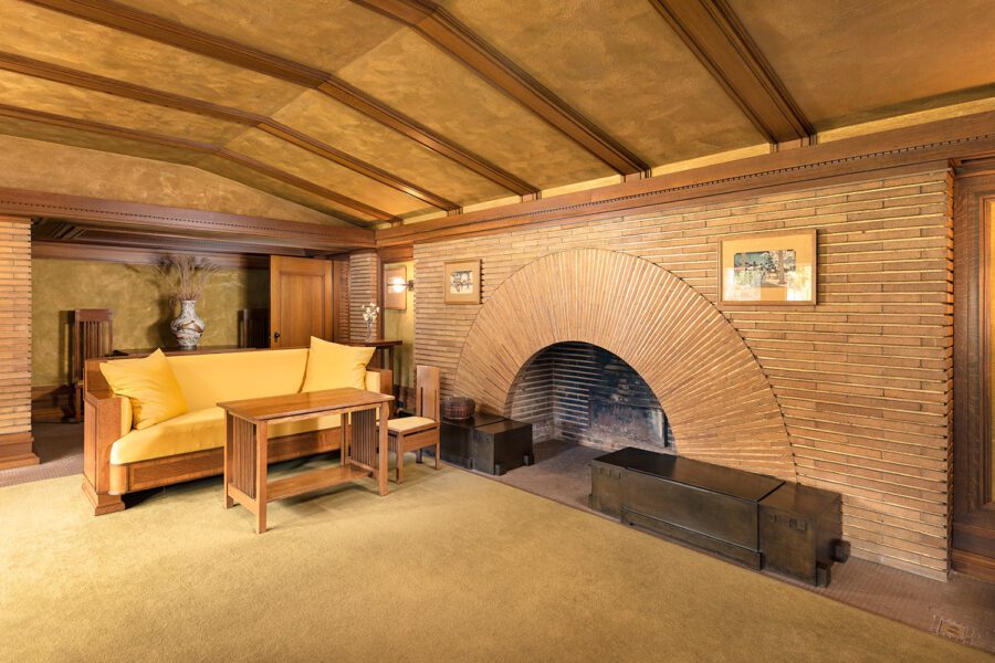 A sunburst fireplace in the Martin House